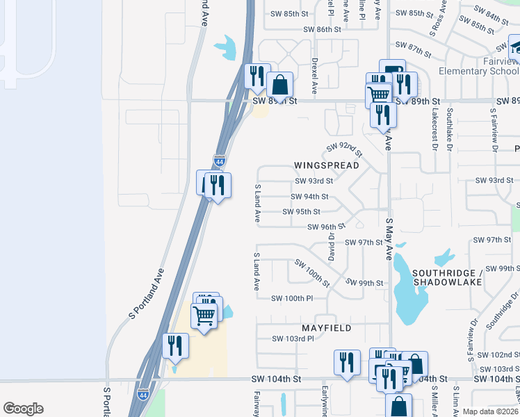 map of restaurants, bars, coffee shops, grocery stores, and more near 3299 Southwest 95th Street in Oklahoma City