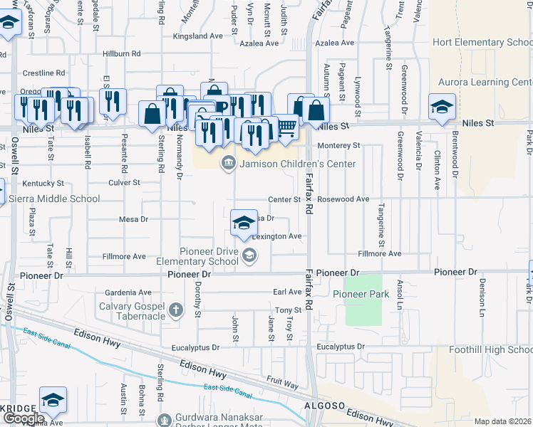 map of restaurants, bars, coffee shops, grocery stores, and more near 4416 Mesa Drive in Bakersfield