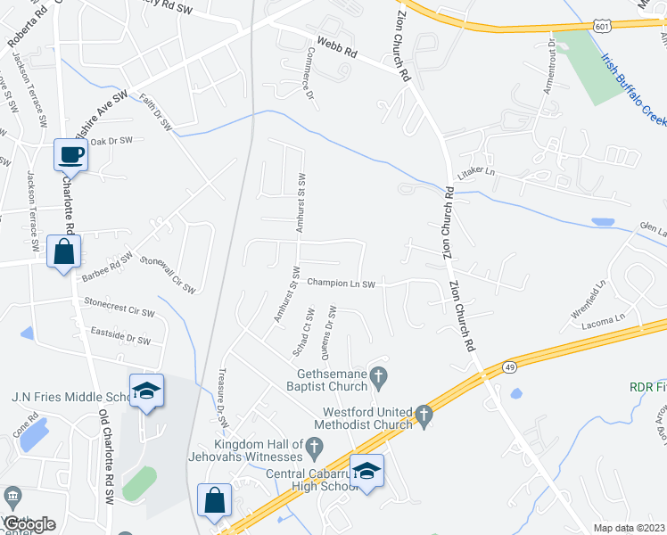 map of restaurants, bars, coffee shops, grocery stores, and more near 3034 Talledaga Lane Southwest in Concord