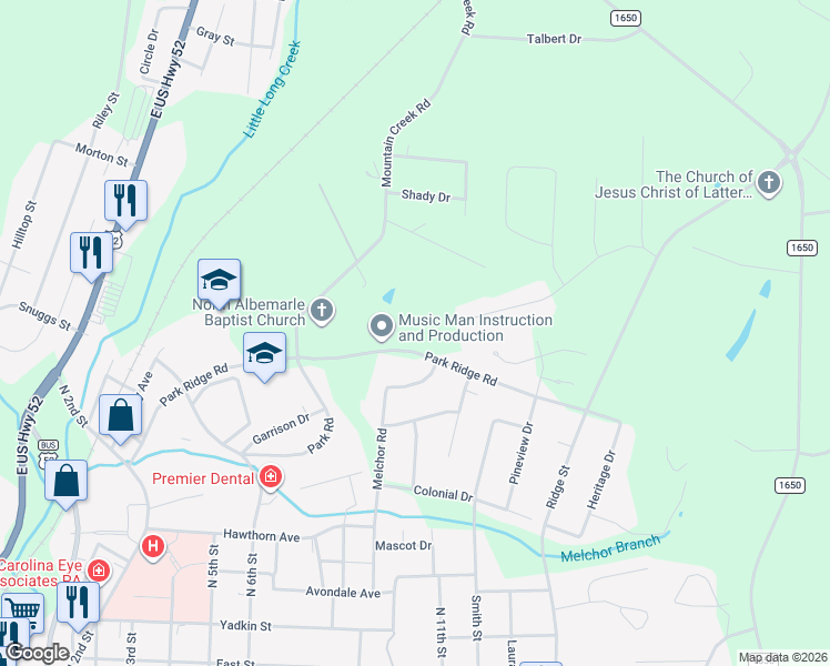 map of restaurants, bars, coffee shops, grocery stores, and more near 413 Park Ridge Road in Albemarle