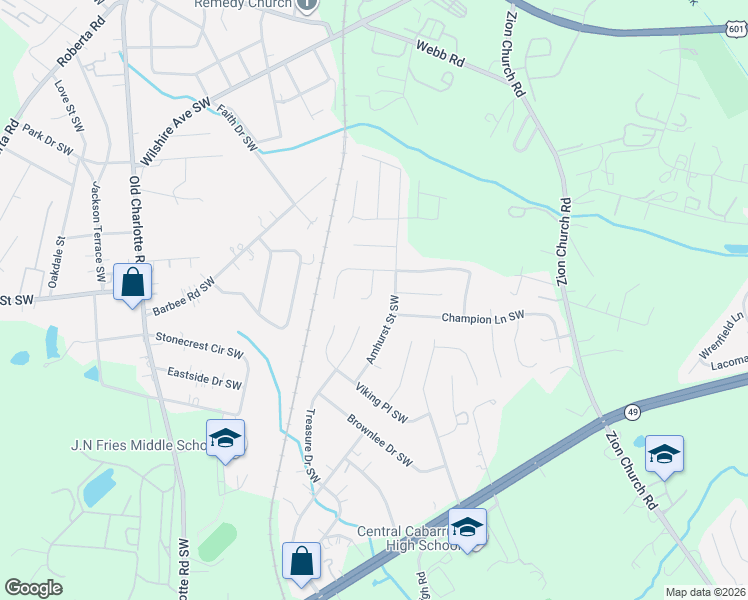 map of restaurants, bars, coffee shops, grocery stores, and more near 411 Amhurst Street Southwest in Concord