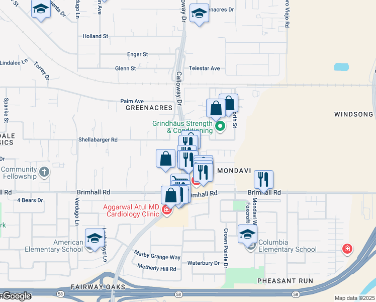 map of restaurants, bars, coffee shops, grocery stores, and more near 1430 Calloway Drive in Bakersfield
