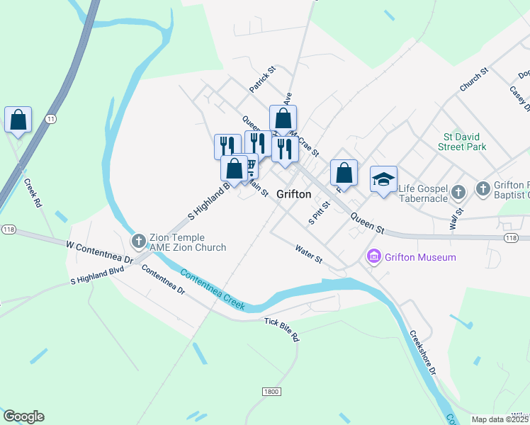 map of restaurants, bars, coffee shops, grocery stores, and more near 502 W Wilson St in Grifton