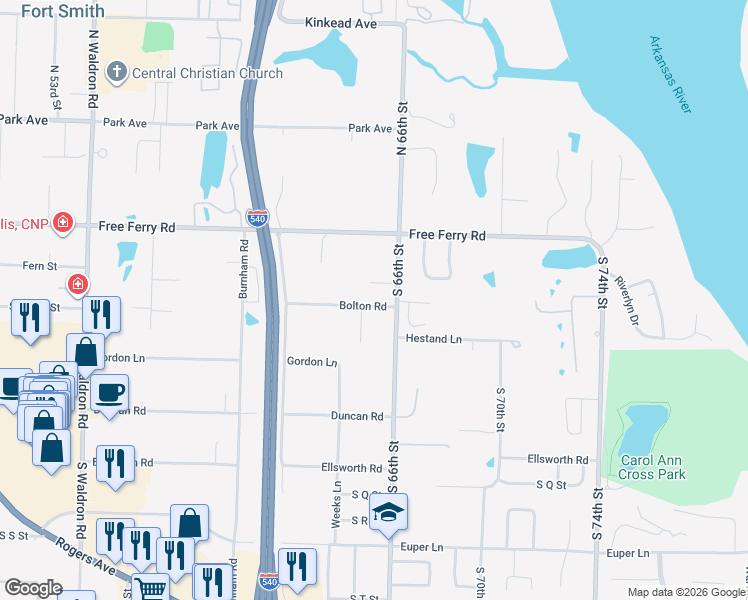 map of restaurants, bars, coffee shops, grocery stores, and more near 1105 East Jackson Drive in Fort Smith