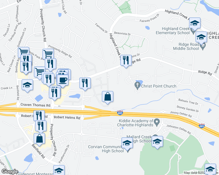 map of restaurants, bars, coffee shops, grocery stores, and more near 5822 Waverly Lynn Lane in Charlotte