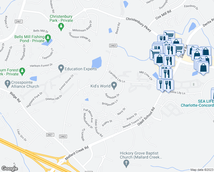 map of restaurants, bars, coffee shops, grocery stores, and more near 3319 Covelo Court in Charlotte