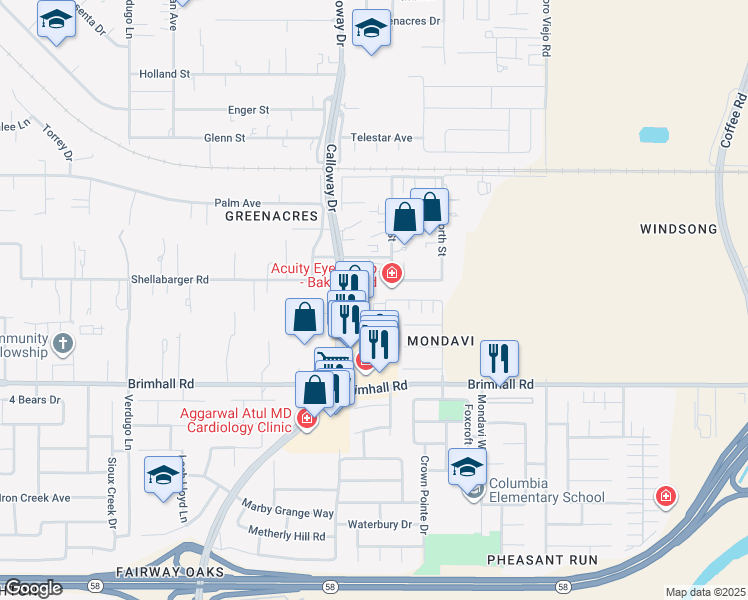 map of restaurants, bars, coffee shops, grocery stores, and more near 1430 Calloway Drive in Bakersfield