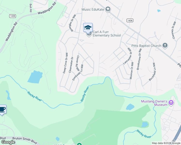 map of restaurants, bars, coffee shops, grocery stores, and more near 3047 Clover Road Northwest in Concord