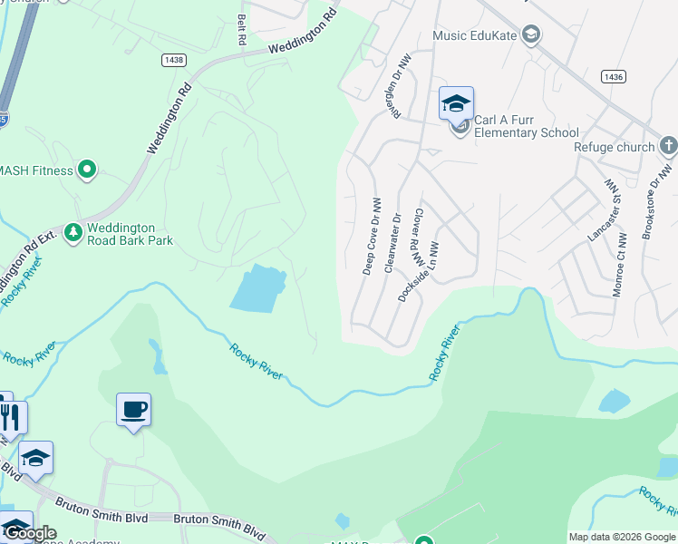 map of restaurants, bars, coffee shops, grocery stores, and more near 2934 Island Point Drive Northwest in Concord