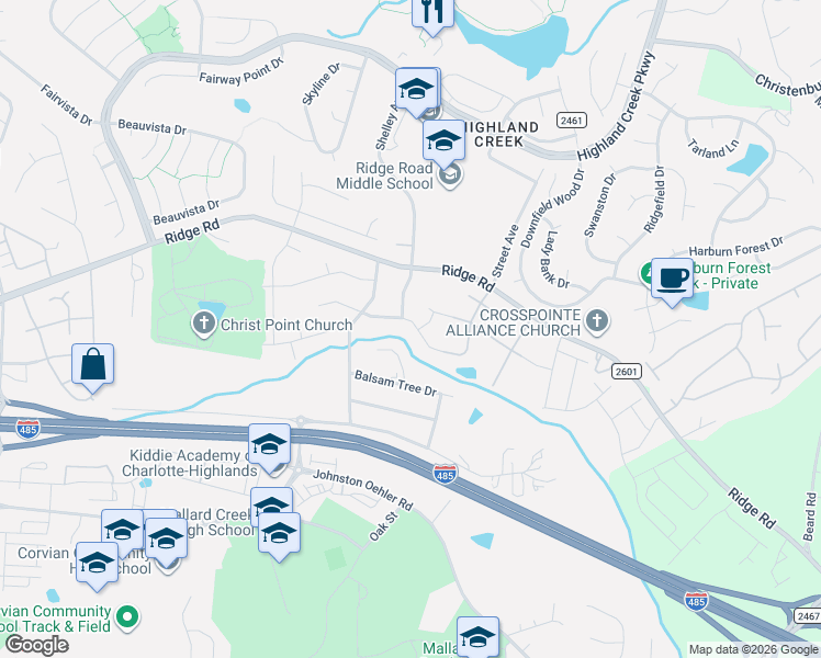 map of restaurants, bars, coffee shops, grocery stores, and more near 6321 Stoney Valley Court in Charlotte