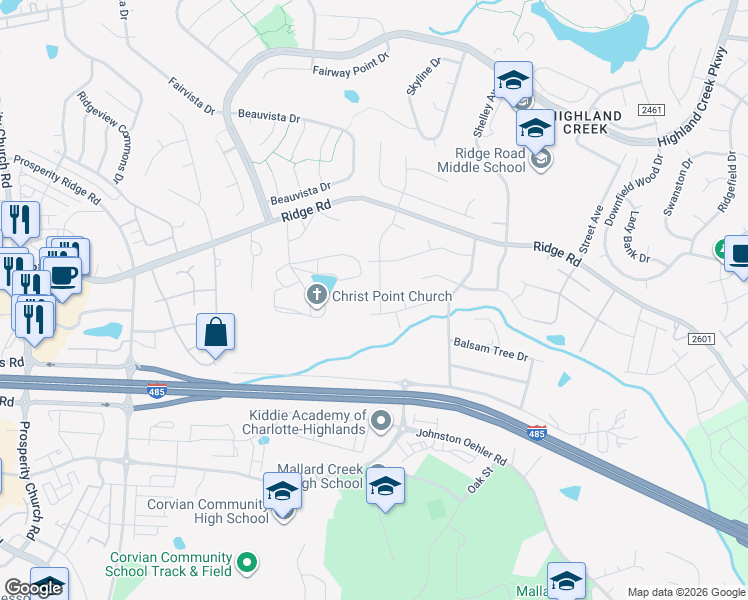 map of restaurants, bars, coffee shops, grocery stores, and more near 2137 Highland Knoll Drive in Charlotte