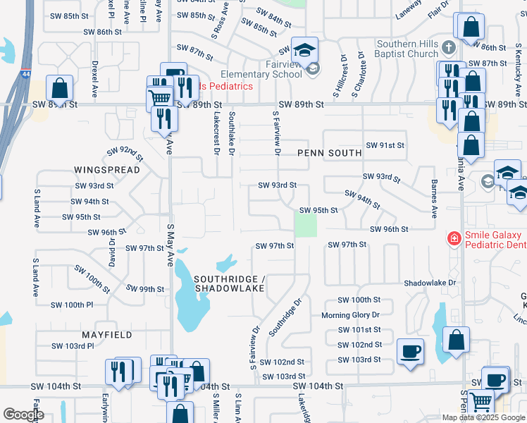 map of restaurants, bars, coffee shops, grocery stores, and more near 2632 Southwest 95th Street in Oklahoma City