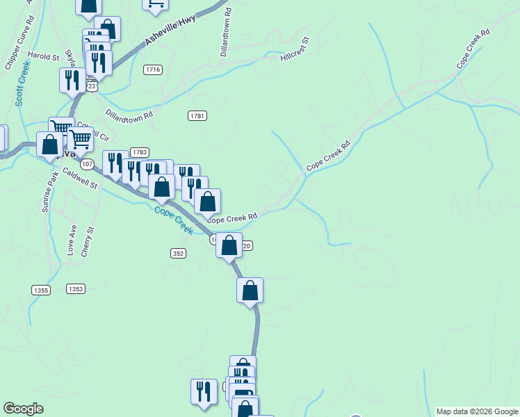 map of restaurants, bars, coffee shops, grocery stores, and more near 240 Cope Creek Road in Sylva