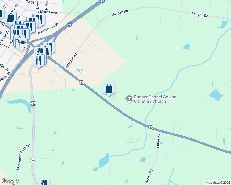 map of restaurants, bars, coffee shops, grocery stores, and more near Banner Heights Road in Benson