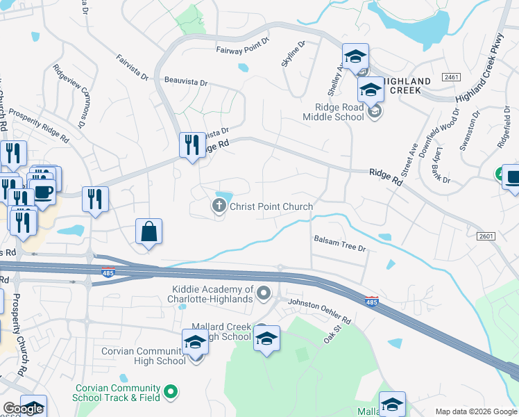 map of restaurants, bars, coffee shops, grocery stores, and more near 2137 Highland Knoll Drive in Charlotte