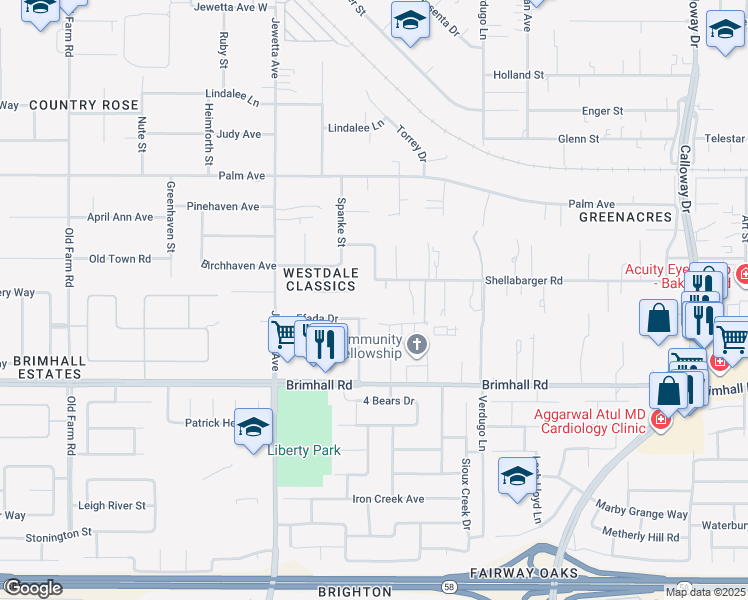map of restaurants, bars, coffee shops, grocery stores, and more near 10931 Shellabarger Road in Bakersfield