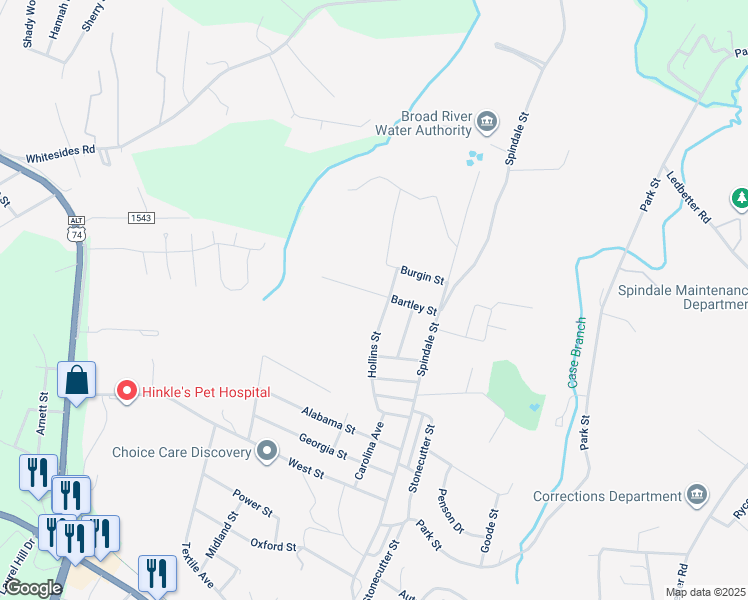 map of restaurants, bars, coffee shops, grocery stores, and more near 281 Hollins Street in Spindale