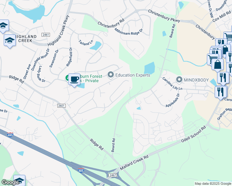 map of restaurants, bars, coffee shops, grocery stores, and more near 2636 Forest Grove Court in Charlotte