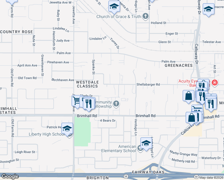 map of restaurants, bars, coffee shops, grocery stores, and more near 10817 Shellabarger Road in Bakersfield