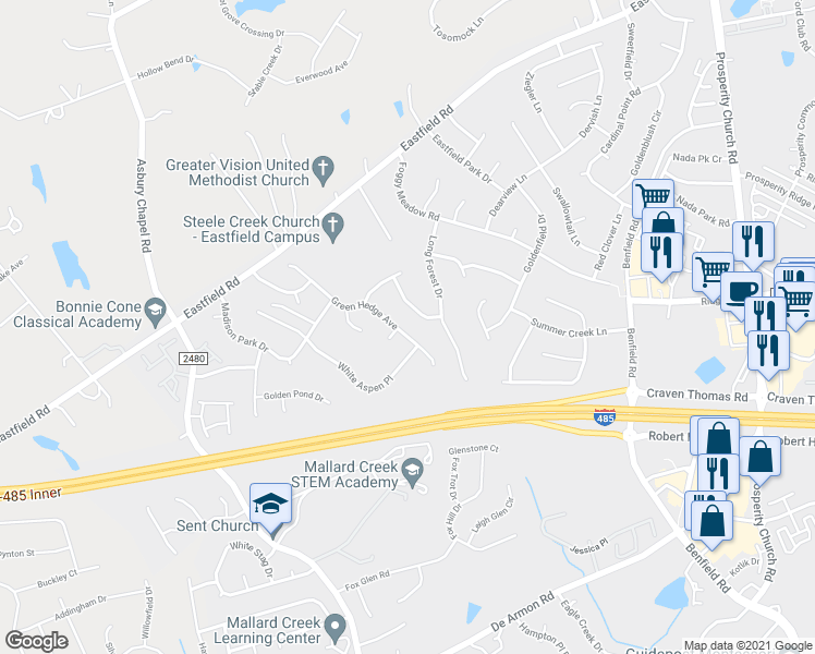 map of restaurants, bars, coffee shops, grocery stores, and more near 10126 Green Hedge Avenue in Charlotte