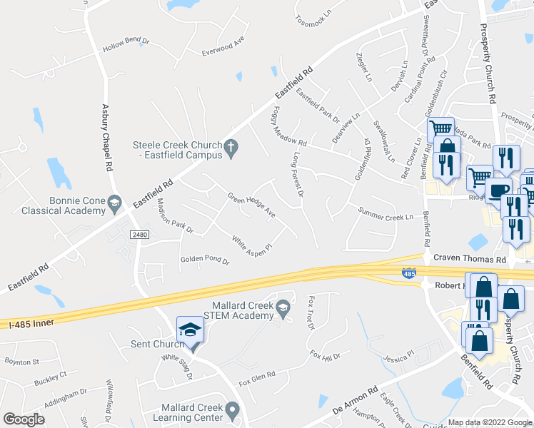 map of restaurants, bars, coffee shops, grocery stores, and more near 10207 Green Hedge Avenue in Charlotte