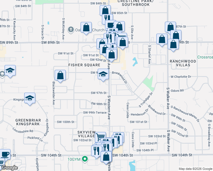 map of restaurants, bars, coffee shops, grocery stores, and more near 9501 South Western Avenue in Oklahoma City