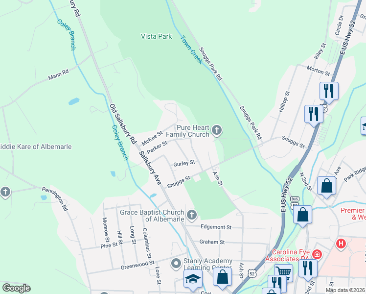 map of restaurants, bars, coffee shops, grocery stores, and more near 1527 Elmwood Avenue in Albemarle