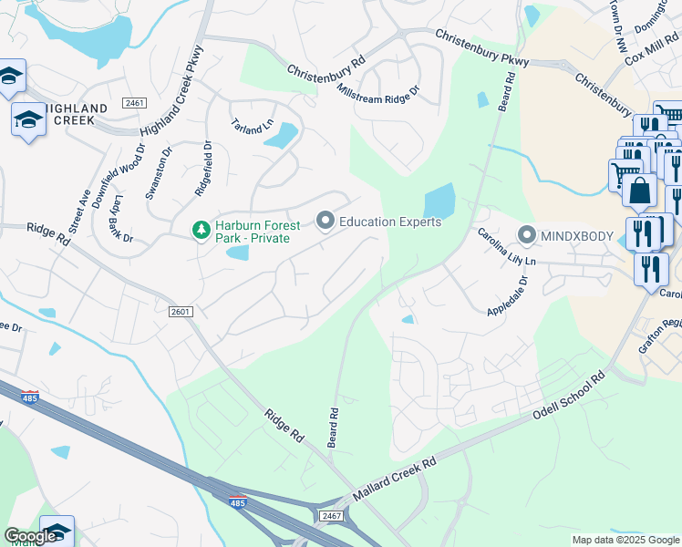 map of restaurants, bars, coffee shops, grocery stores, and more near 2636 Forest Grove Court in Charlotte
