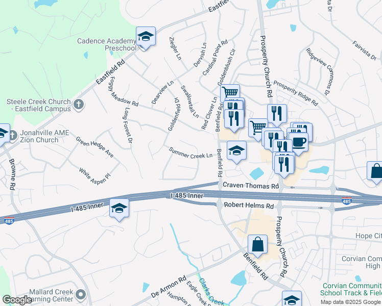 map of restaurants, bars, coffee shops, grocery stores, and more near 5921 Shining Oak Lane in Charlotte