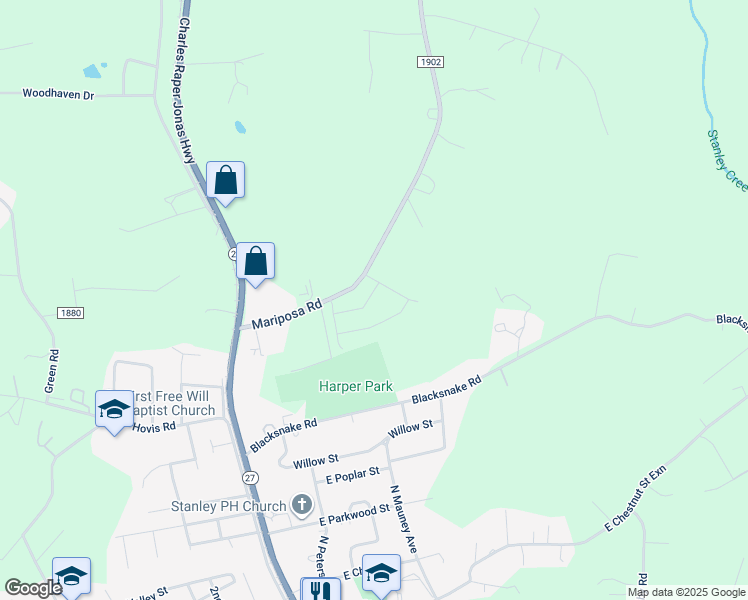 map of restaurants, bars, coffee shops, grocery stores, and more near 5251 Lashawn Lane in Stanley
