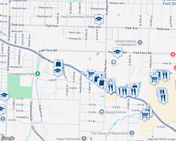 map of restaurants, bars, coffee shops, grocery stores, and more near 1313 Tancred Street in Fort Smith