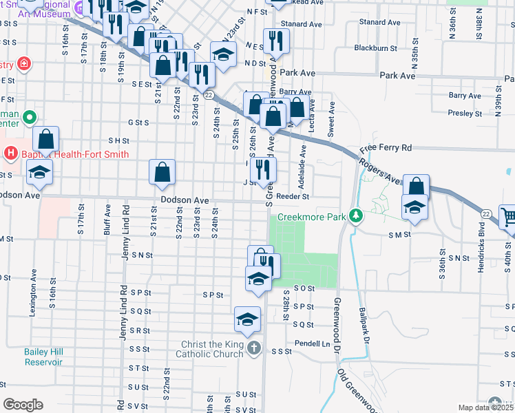 map of restaurants, bars, coffee shops, grocery stores, and more near in Fort Smith