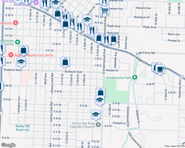 map of restaurants, bars, coffee shops, grocery stores, and more near 2505 South L Street in Fort Smith
