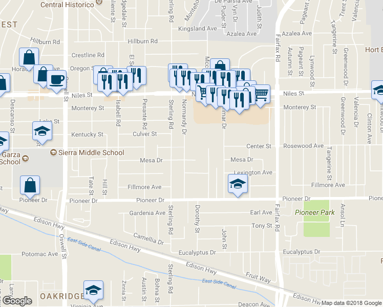 map of restaurants, bars, coffee shops, grocery stores, and more near 807 Normandy Drive in Bakersfield