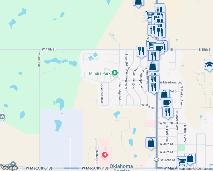 map of restaurants, bars, coffee shops, grocery stores, and more near 6 Timber Creek Drive in Shawnee