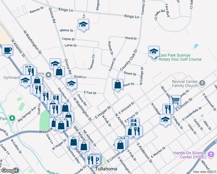 map of restaurants, bars, coffee shops, grocery stores, and more near 704 Forrest Drive in Tullahoma