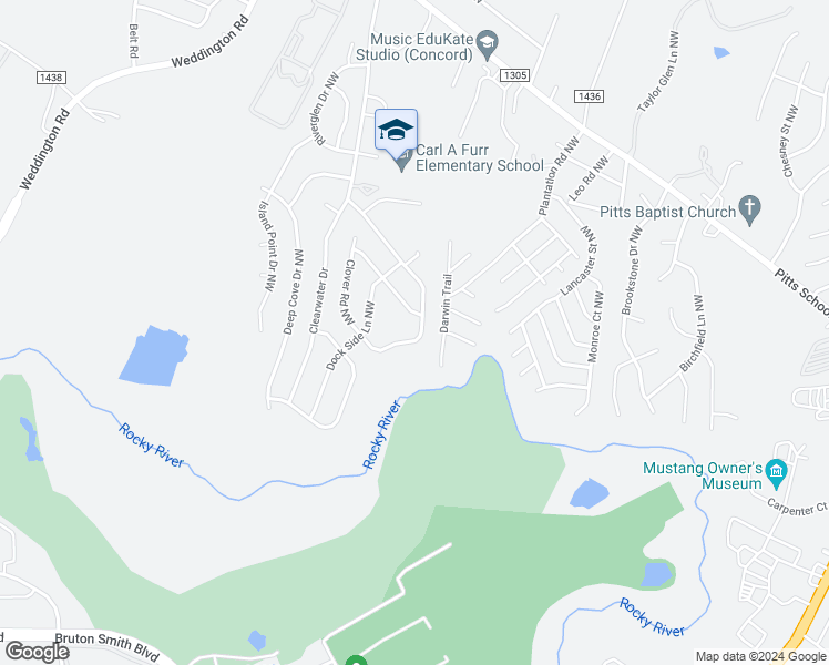 map of restaurants, bars, coffee shops, grocery stores, and more near 3036 Clover Road Northwest in Concord