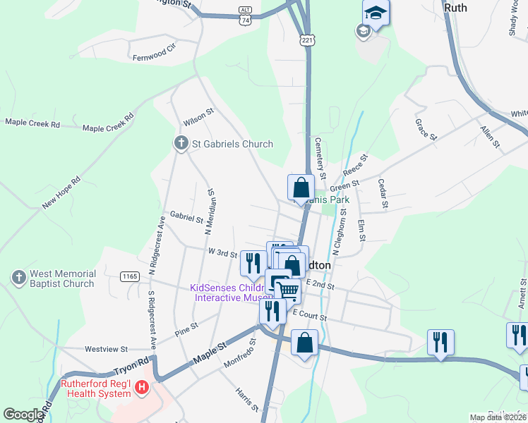 map of restaurants, bars, coffee shops, grocery stores, and more near 257 North Washington Street in Rutherfordton