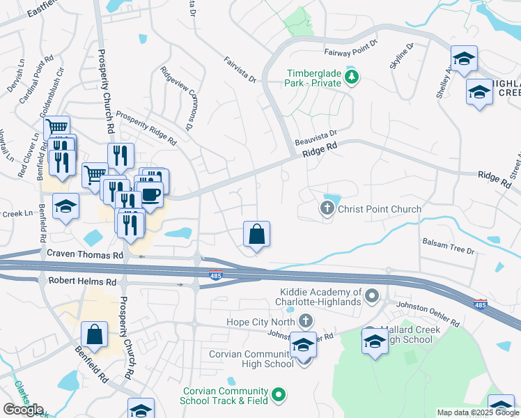 map of restaurants, bars, coffee shops, grocery stores, and more near 5828 Waverly Lynn Lane in Charlotte