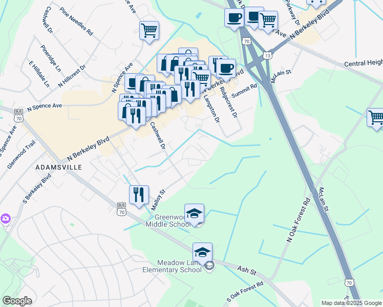 map of restaurants, bars, coffee shops, grocery stores, and more near 517 Boxwood Lane in Goldsboro