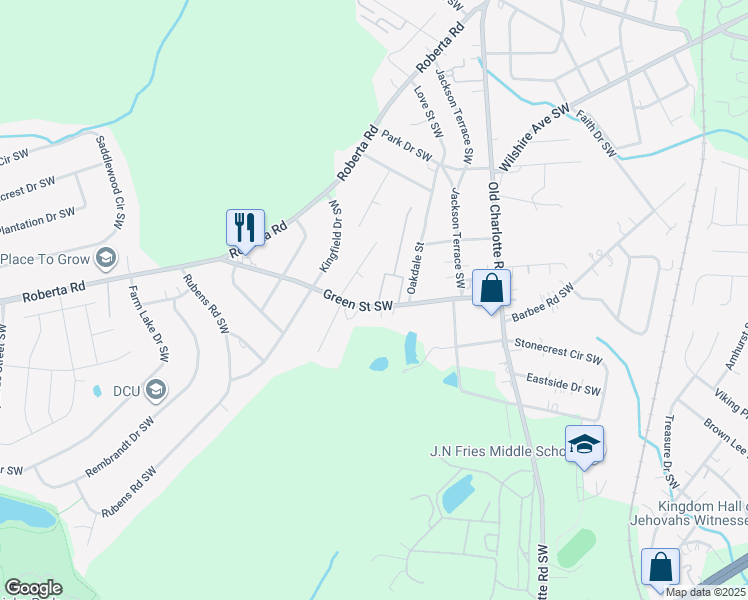 map of restaurants, bars, coffee shops, grocery stores, and more near 129 Tarrymore Lane Southwest in Concord