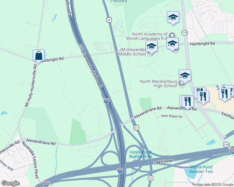 map of restaurants, bars, coffee shops, grocery stores, and more near 11121 Statesville Road in Huntersville