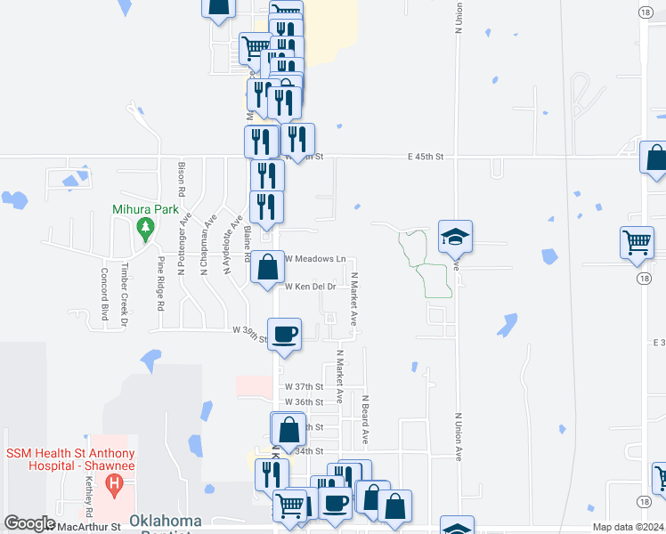 map of restaurants, bars, coffee shops, grocery stores, and more near 121 West Meadows Lane in Shawnee