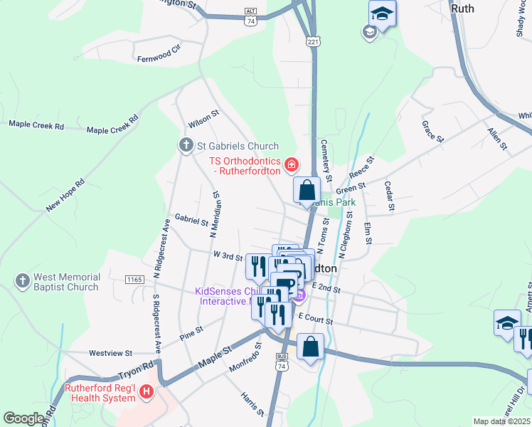 map of restaurants, bars, coffee shops, grocery stores, and more near 185 West 6th Street in Rutherfordton