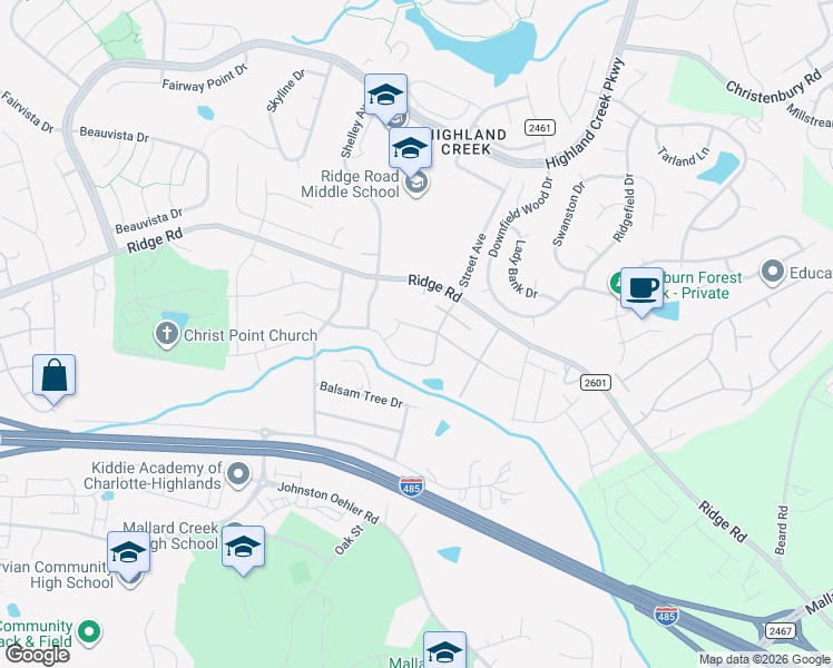 map of restaurants, bars, coffee shops, grocery stores, and more near 3713 Amber Meadows Drive in Charlotte
