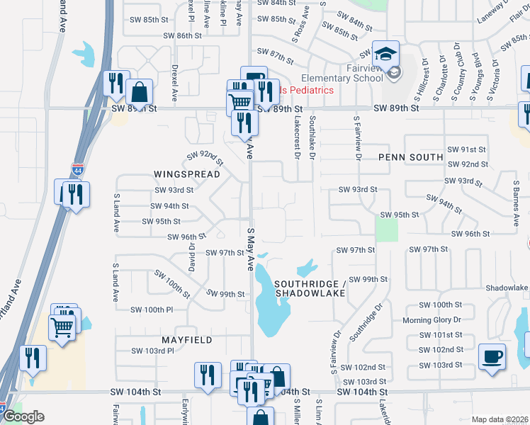map of restaurants, bars, coffee shops, grocery stores, and more near 9605 Lakecrest Drive in Oklahoma City