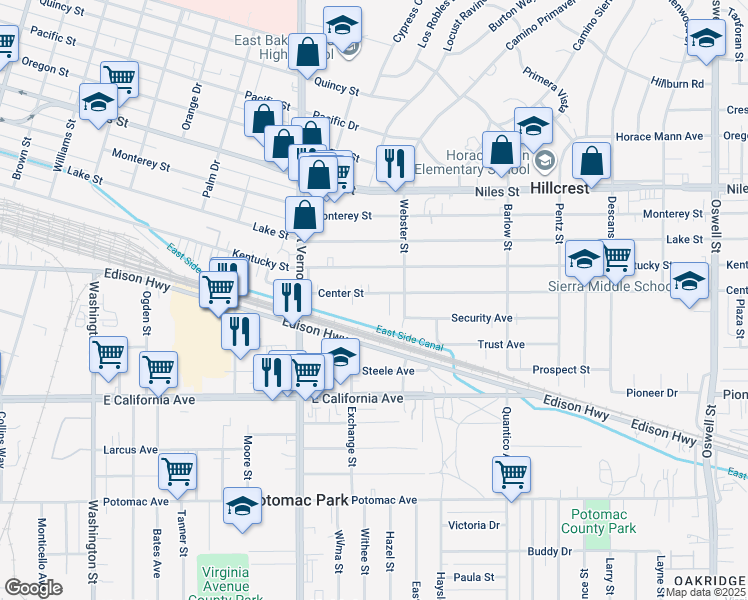 map of restaurants, bars, coffee shops, grocery stores, and more near 2409 Center Street in Bakersfield
