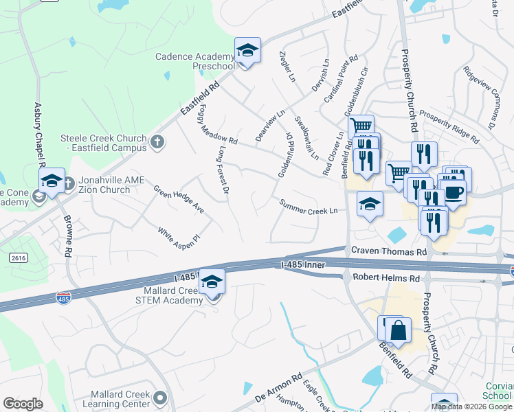 map of restaurants, bars, coffee shops, grocery stores, and more near 6111 Goldenfield Drive in Charlotte