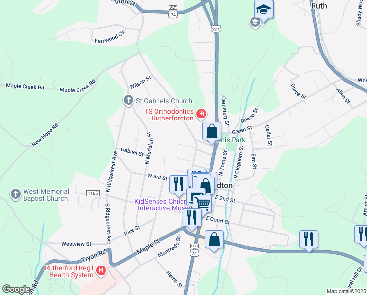 map of restaurants, bars, coffee shops, grocery stores, and more near 185 West 6th Street in Rutherfordton
