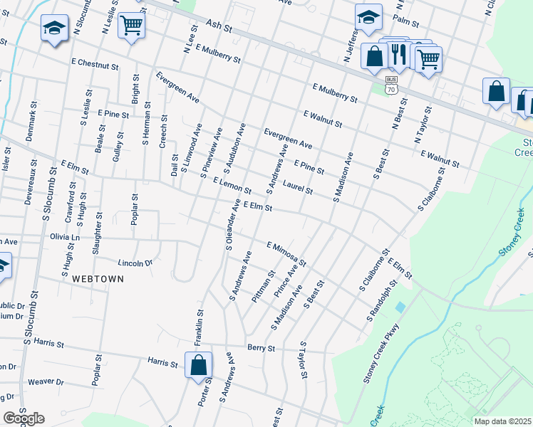 map of restaurants, bars, coffee shops, grocery stores, and more near 1500 E Elm St in Goldsboro
